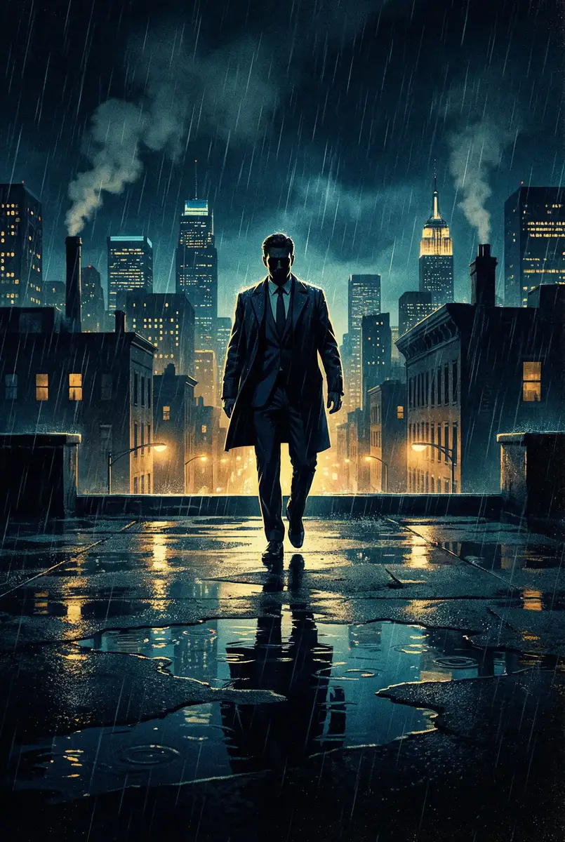 泷泽萝拉qvod 出品影片《雨夜独行者》海报，雨中城市屋顶男性剪影